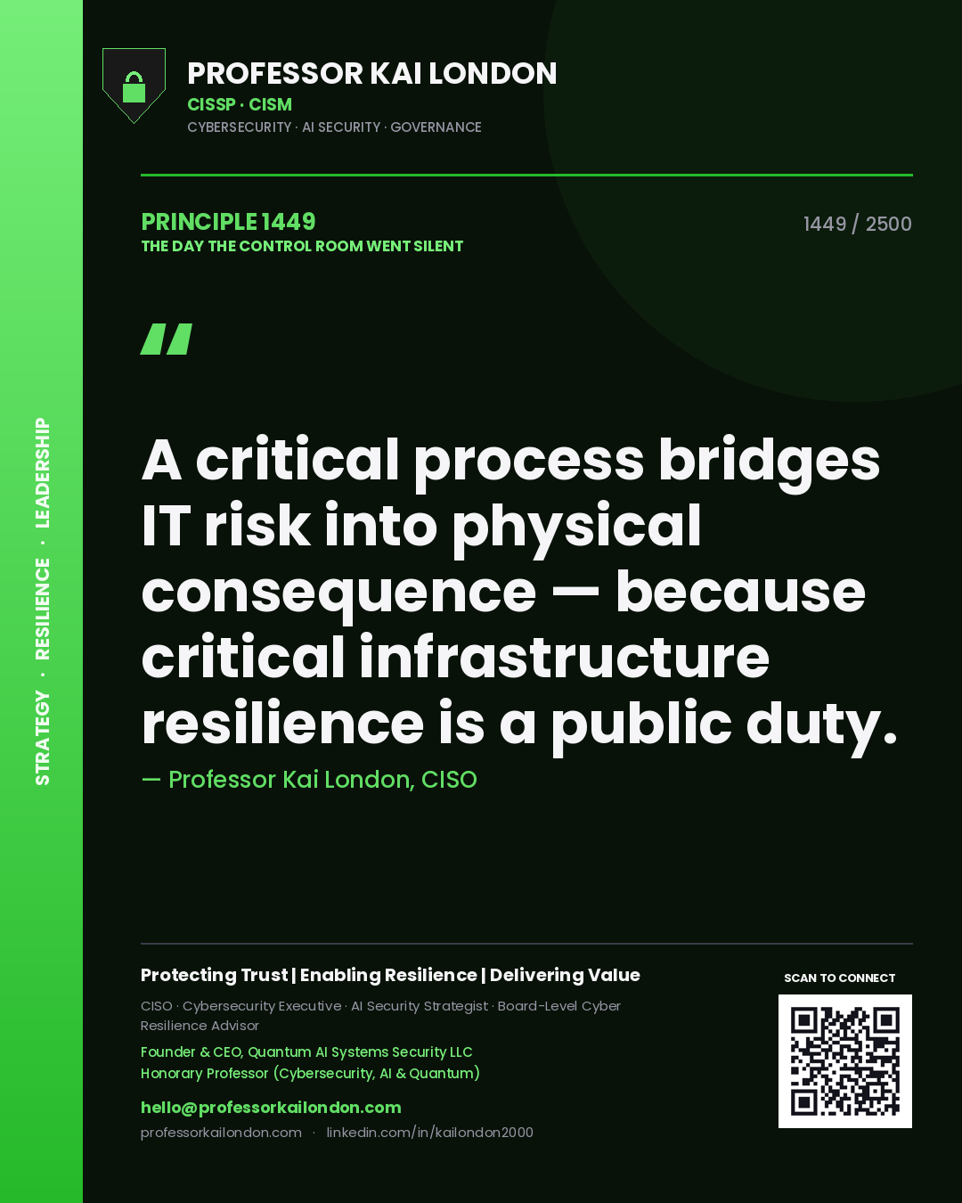 Professor Kai London principle 1449: A critical process bridges IT risk into physical consequence — because critical infrastructure resilience is a public duty.