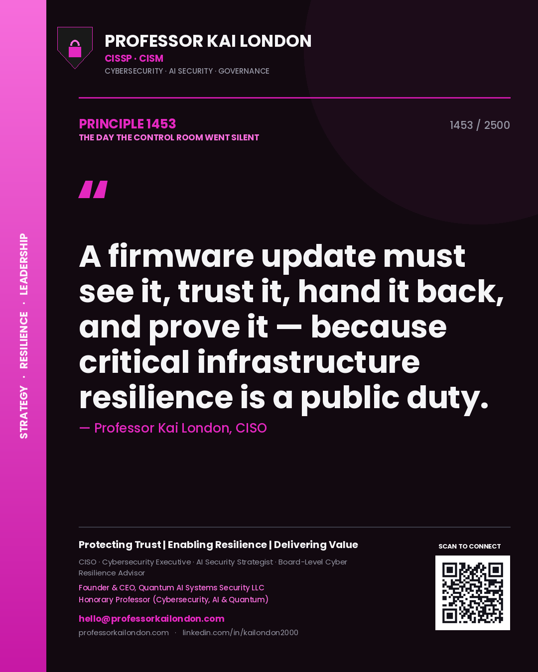 Professor Kai London principle 1453: A firmware update must see it, trust it, hand it back, and prove it — because critical infrastructure resilience is a public duty.
