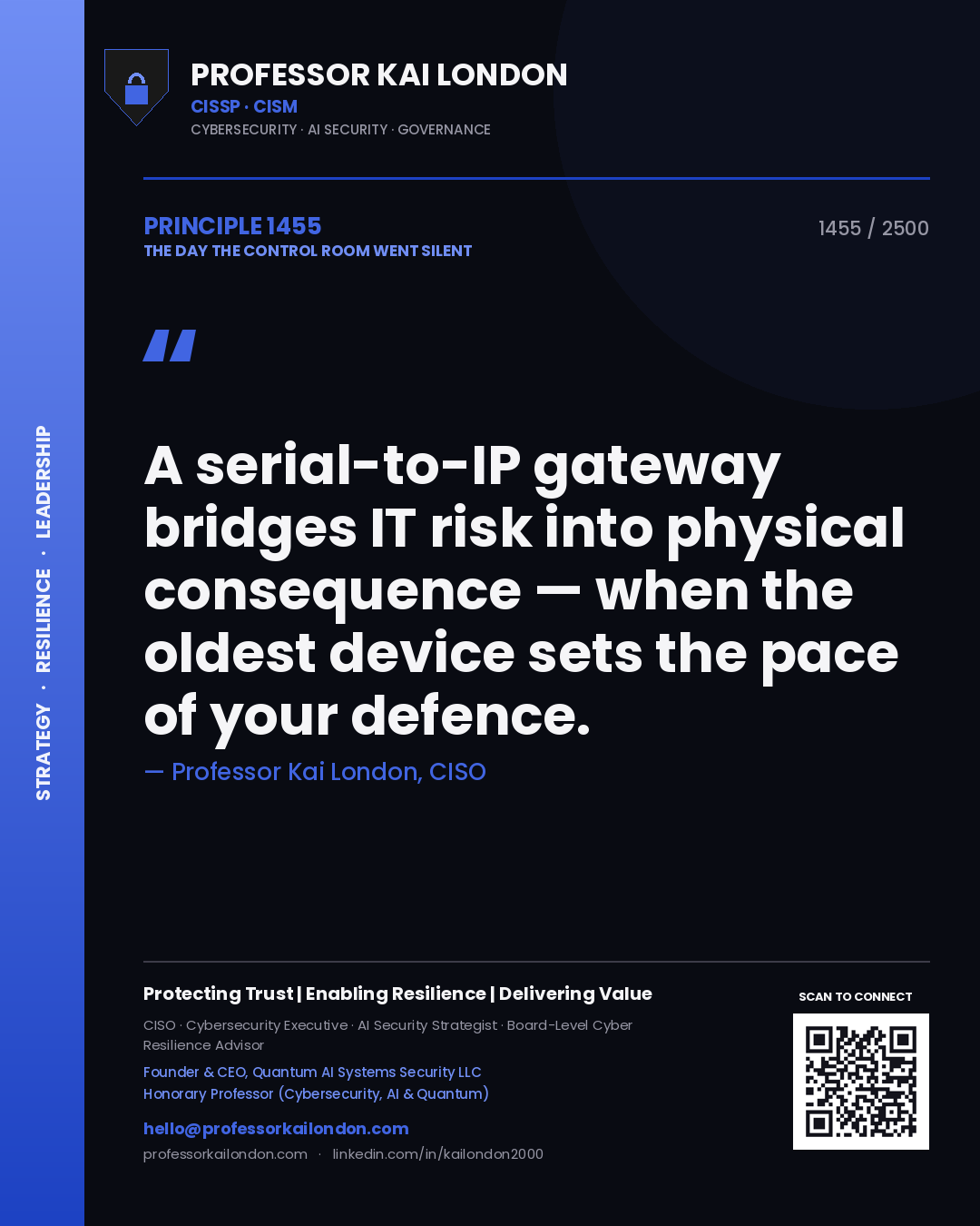 Professor Kai London principle 1455: A serial-to-IP gateway bridges IT risk into physical consequence — when the oldest device sets the pace of your defence.