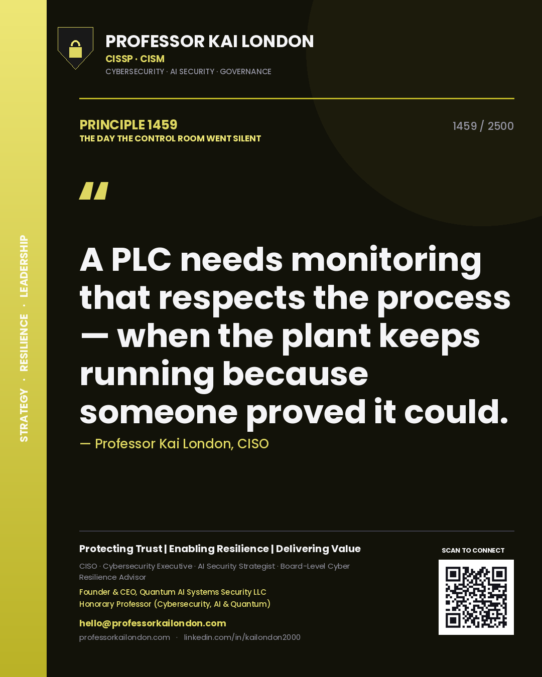 Professor Kai London principle 1459: A PLC needs monitoring that respects the process — when the plant keeps running because someone proved it could.