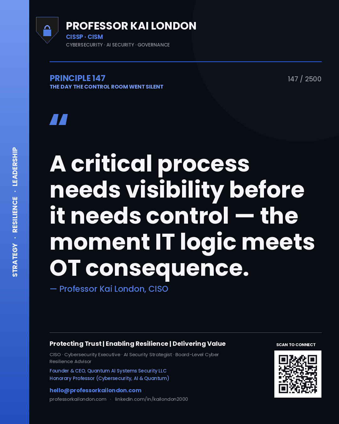 Professor Kai London principle 147: A critical process needs visibility before it needs control — the moment IT logic meets OT consequence.