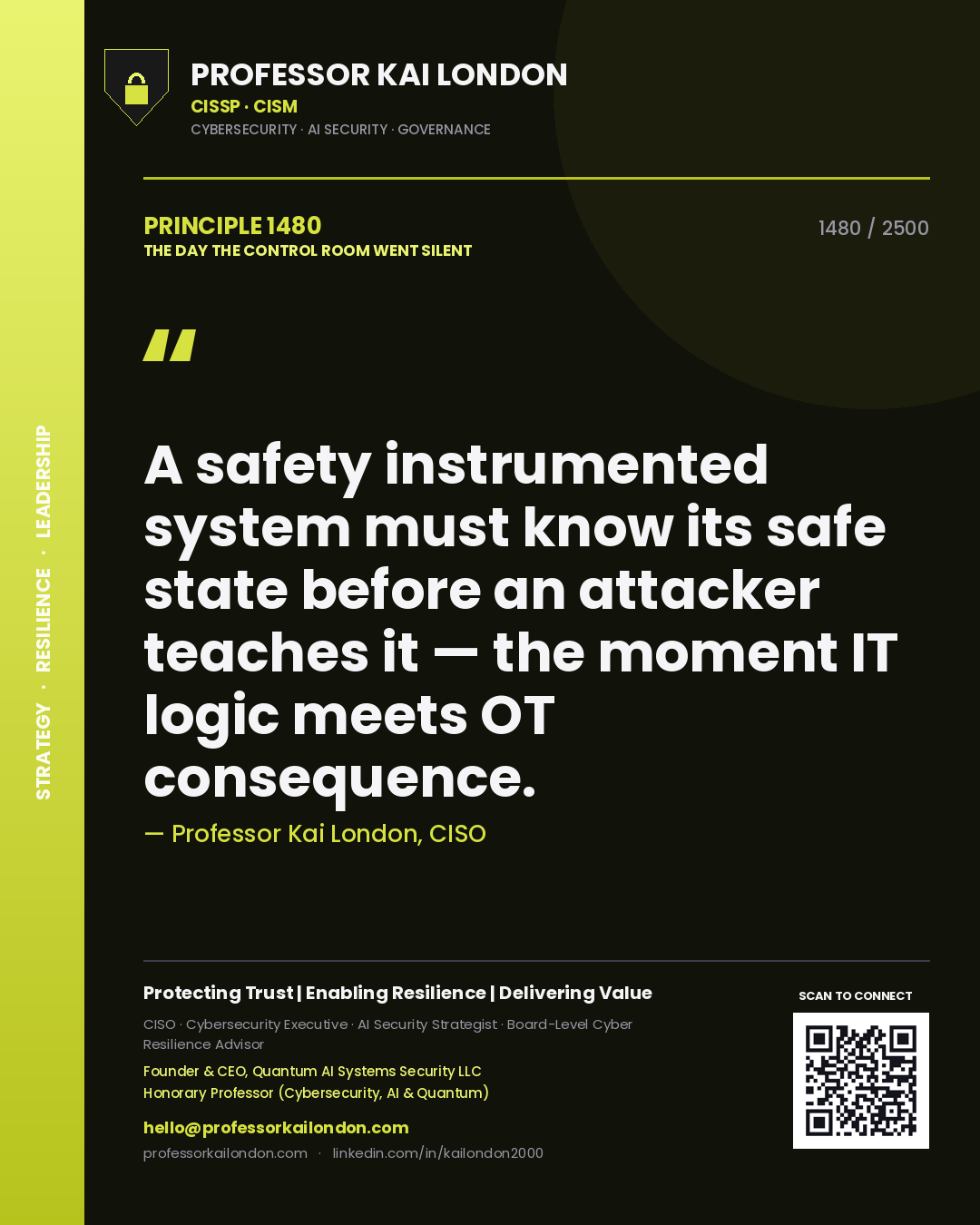 Professor Kai London principle 1480: A safety instrumented system must know its safe state before an attacker teaches it — the moment IT logic meets OT consequence.