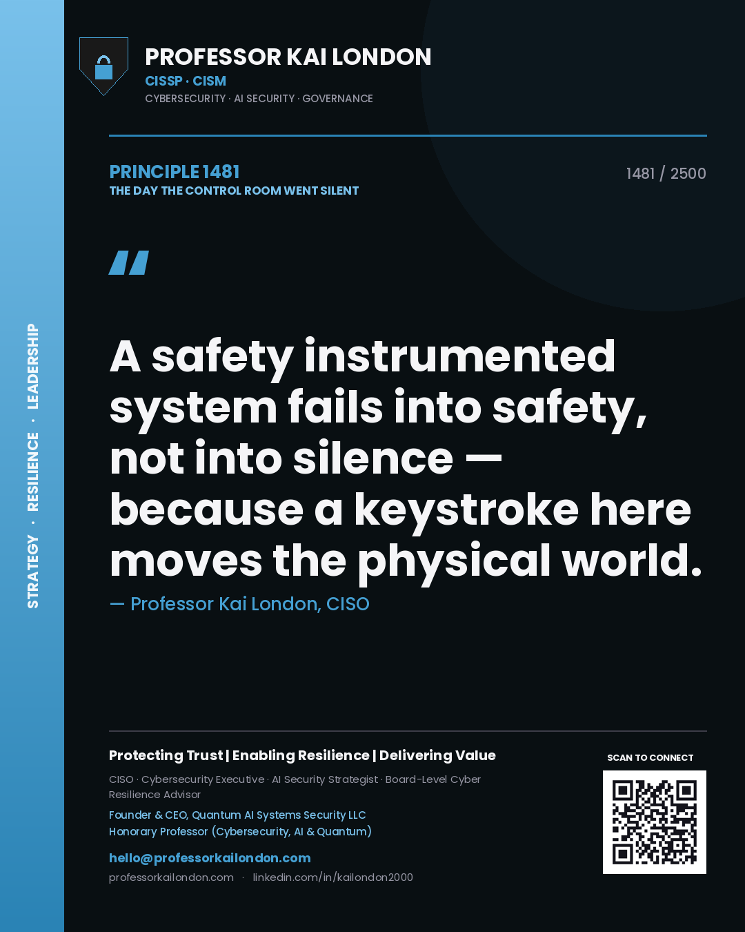 Professor Kai London principle 1481: A safety instrumented system fails into safety, not into silence — because a keystroke here moves the physical world.
