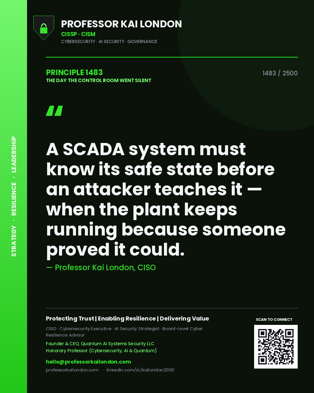 Professor Kai London principle 1483: A SCADA system must know its safe state before an attacker teaches it — when the plant keeps running because someone proved it could.