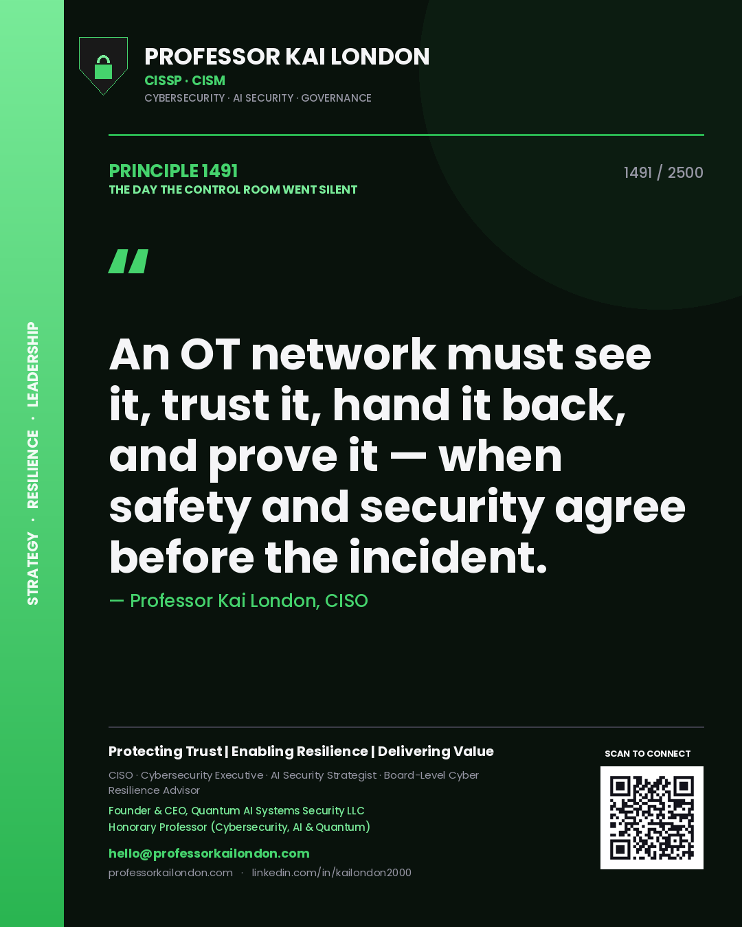 Professor Kai London principle 1491: An OT network must see it, trust it, hand it back, and prove it — when safety and security agree before the incident.
