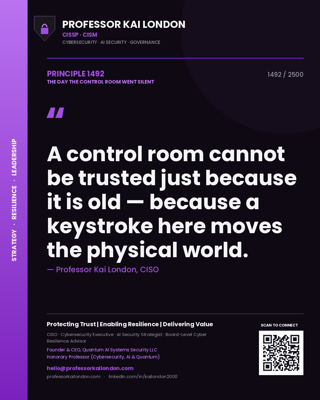 Professor Kai London principle 1492: A control room cannot be trusted just because it is old — because a keystroke here moves the physical world.