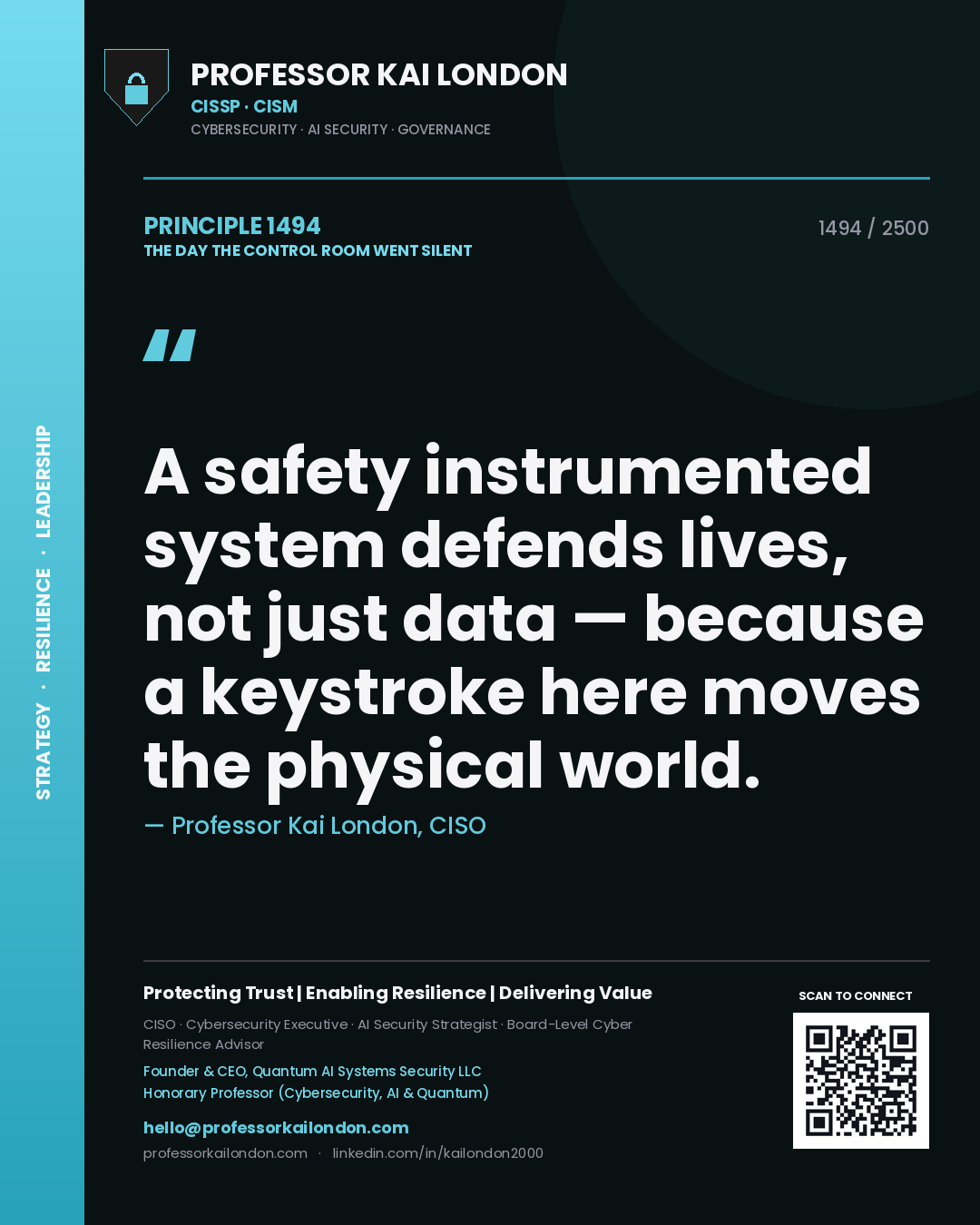 Professor Kai London principle 1494: A safety instrumented system defends lives, not just data — because a keystroke here moves the physical world.