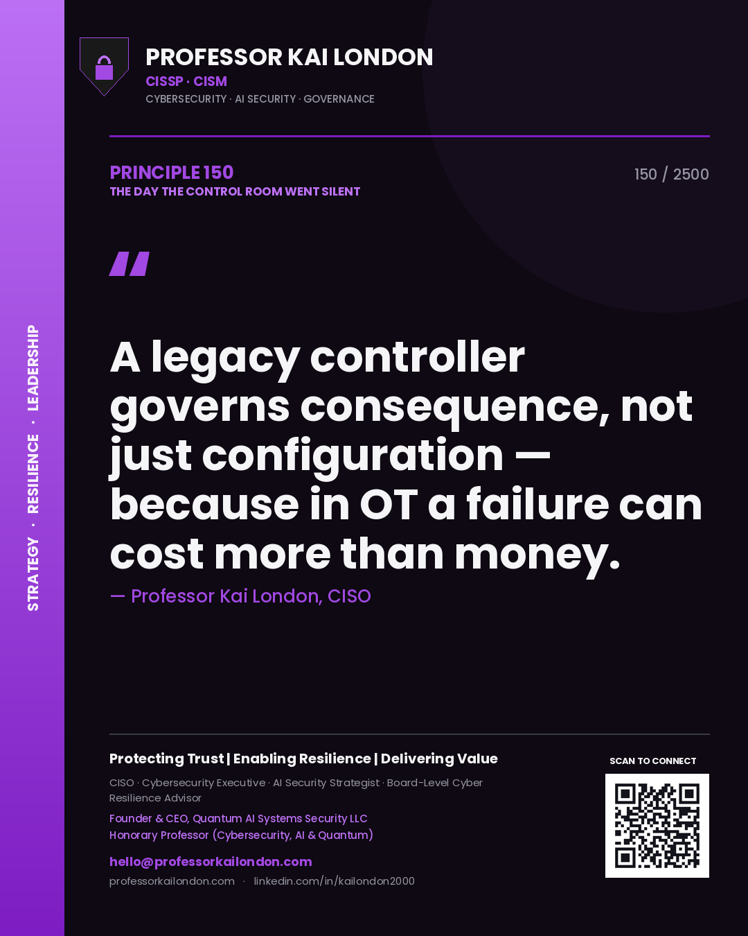 Professor Kai London principle 150: A legacy controller governs consequence, not just configuration — because in OT a failure can cost more than money.