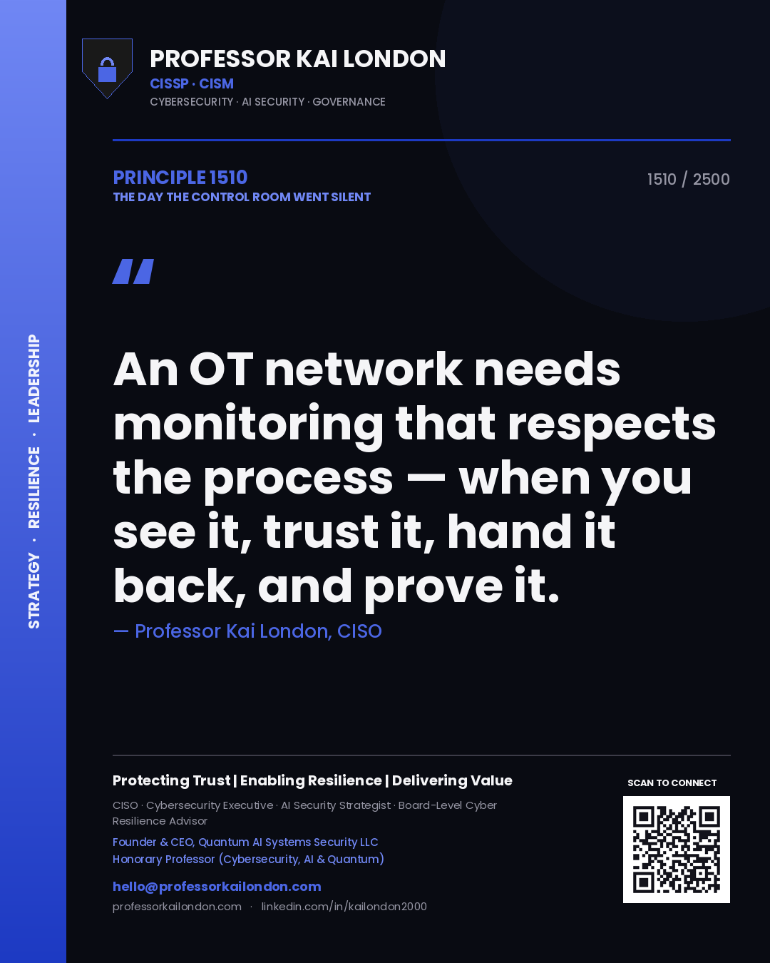 Professor Kai London principle 1510: An OT network needs monitoring that respects the process — when you see it, trust it, hand it back, and prove it.