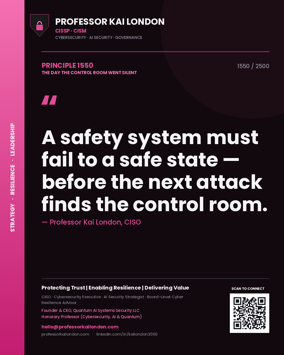 Professor Kai London principle 1550: A safety system must fail to a safe state — before the next attack finds the control room.