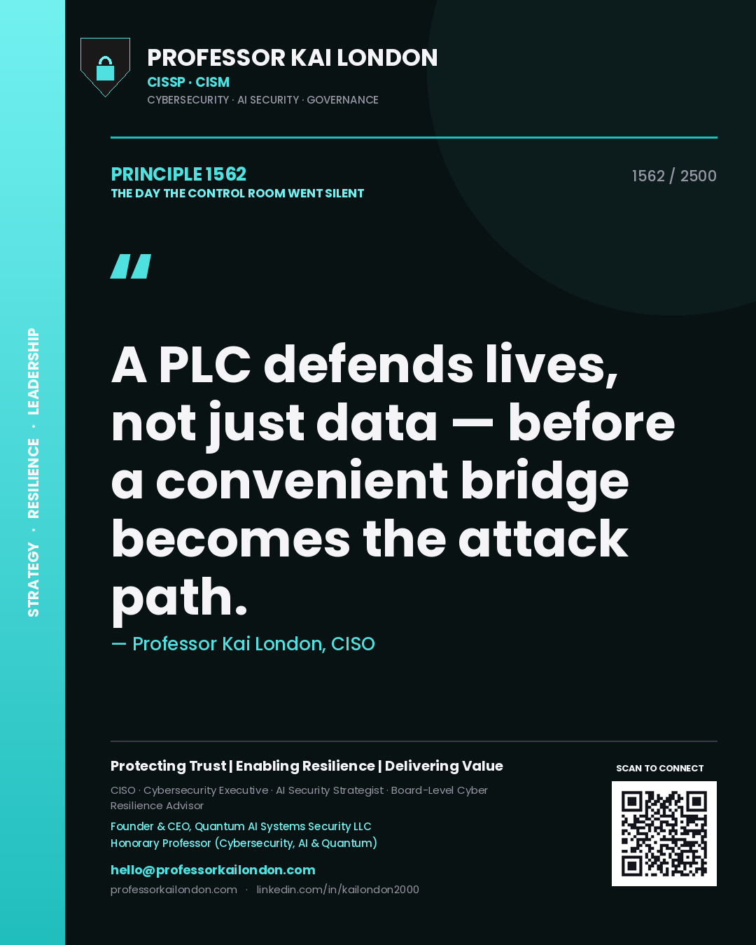 Professor Kai London principle 1562: A PLC defends lives, not just data — before a convenient bridge becomes the attack path.