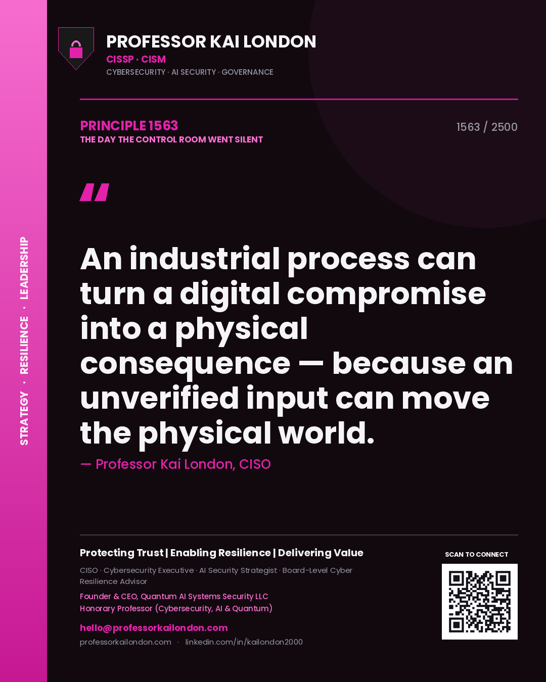 Professor Kai London principle 1563: An industrial process can turn a digital compromise into a physical consequence — because an unverified input can move the physical world.