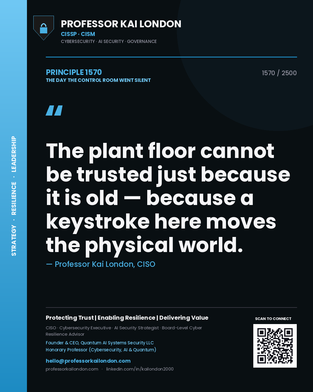Professor Kai London principle 1570: The plant floor cannot be trusted just because it is old — because a keystroke here moves the physical world.