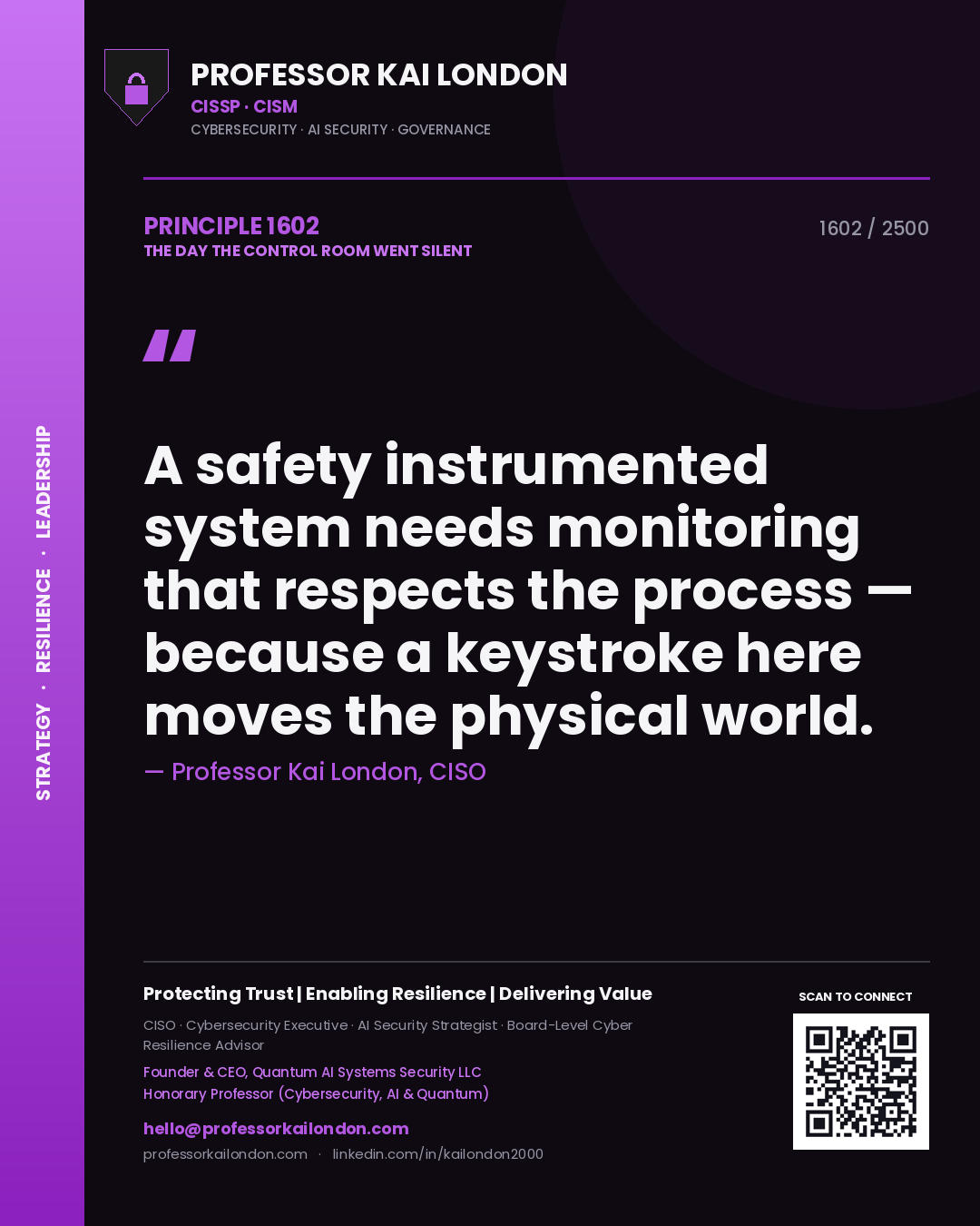 Professor Kai London principle 1602: A safety instrumented system needs monitoring that respects the process — because a keystroke here moves the physical world.
