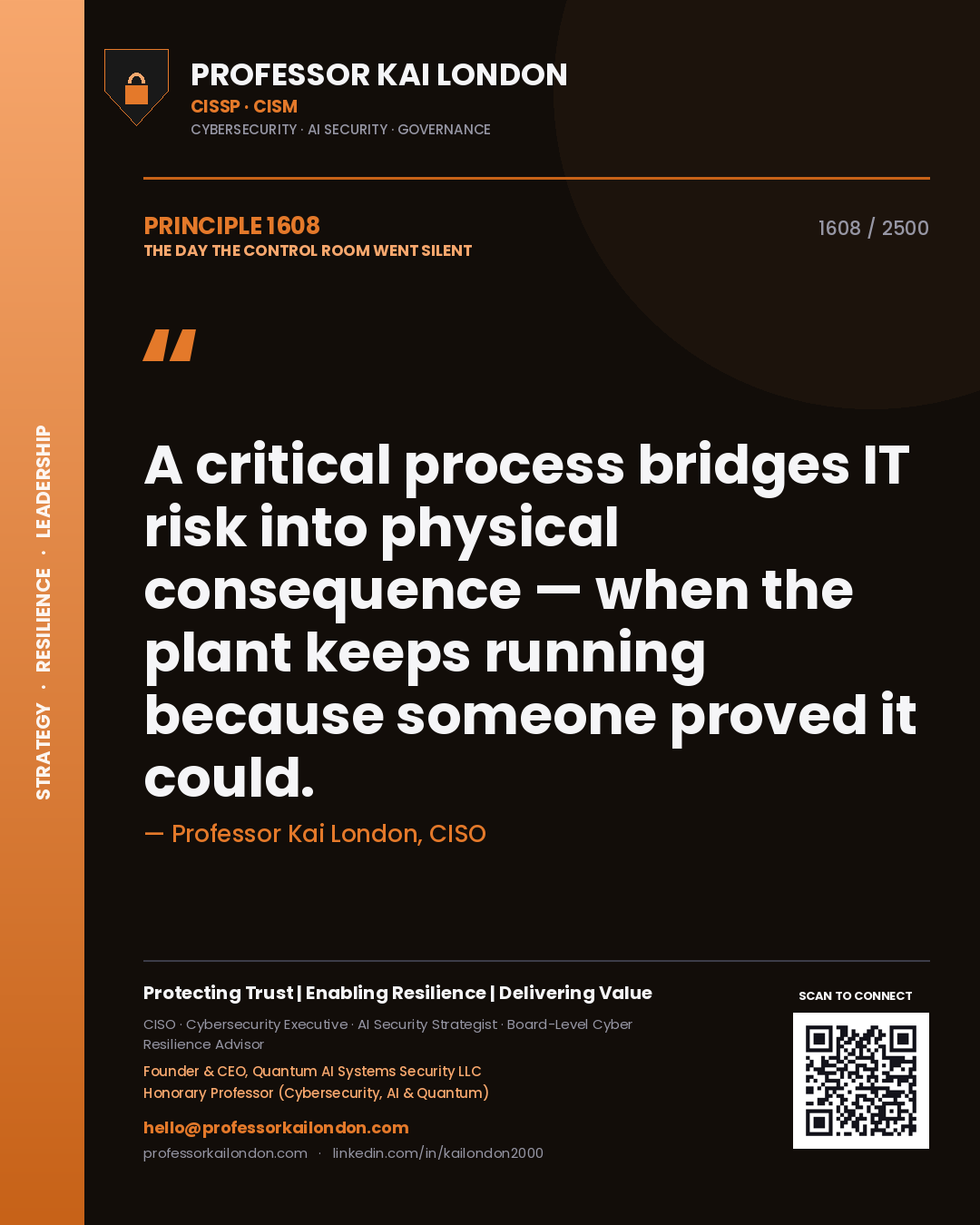 Professor Kai London principle 1608: A critical process bridges IT risk into physical consequence — when the plant keeps running because someone proved it could.