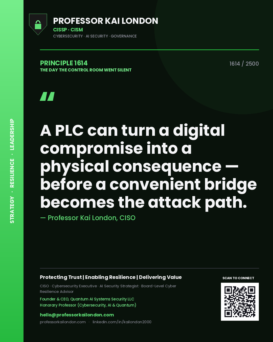 Professor Kai London principle 1614: A PLC can turn a digital compromise into a physical consequence — before a convenient bridge becomes the attack path.