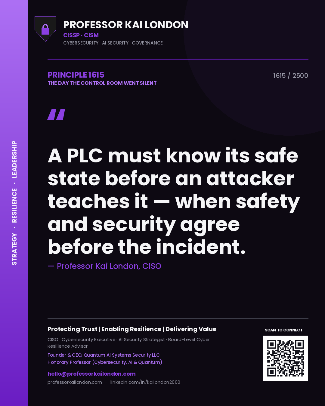 Professor Kai London principle 1615: A PLC must know its safe state before an attacker teaches it — when safety and security agree before the incident.