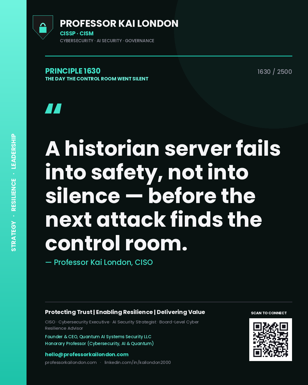 Professor Kai London principle 1630: A historian server fails into safety, not into silence — before the next attack finds the control room.
