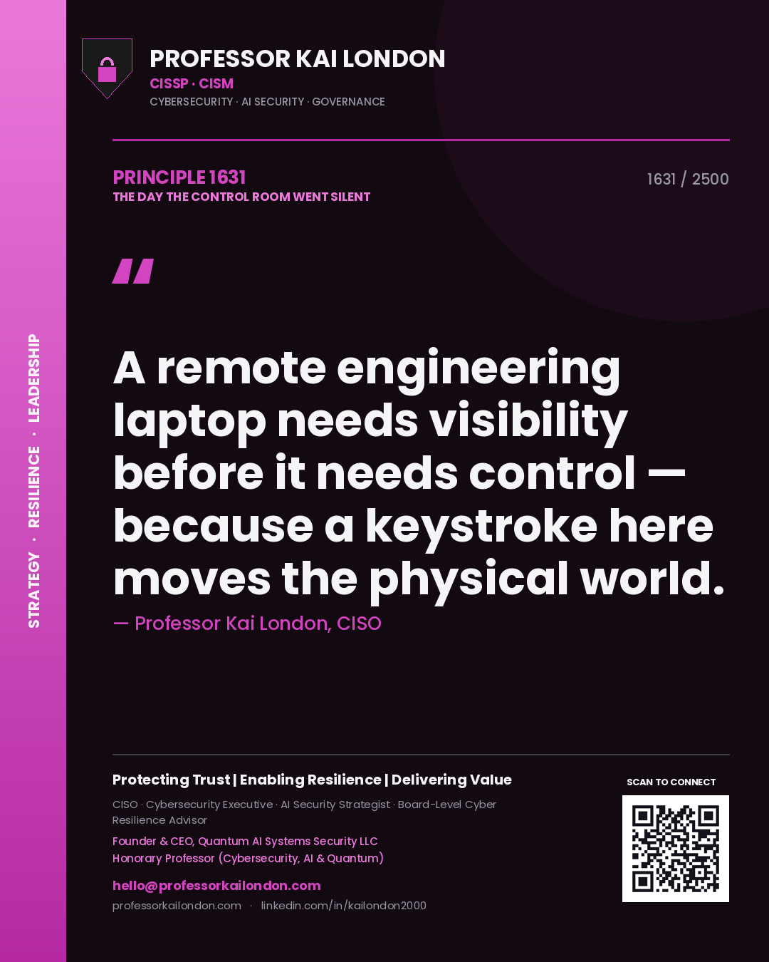 Professor Kai London principle 1631: A remote engineering laptop needs visibility before it needs control — because a keystroke here moves the physical world.