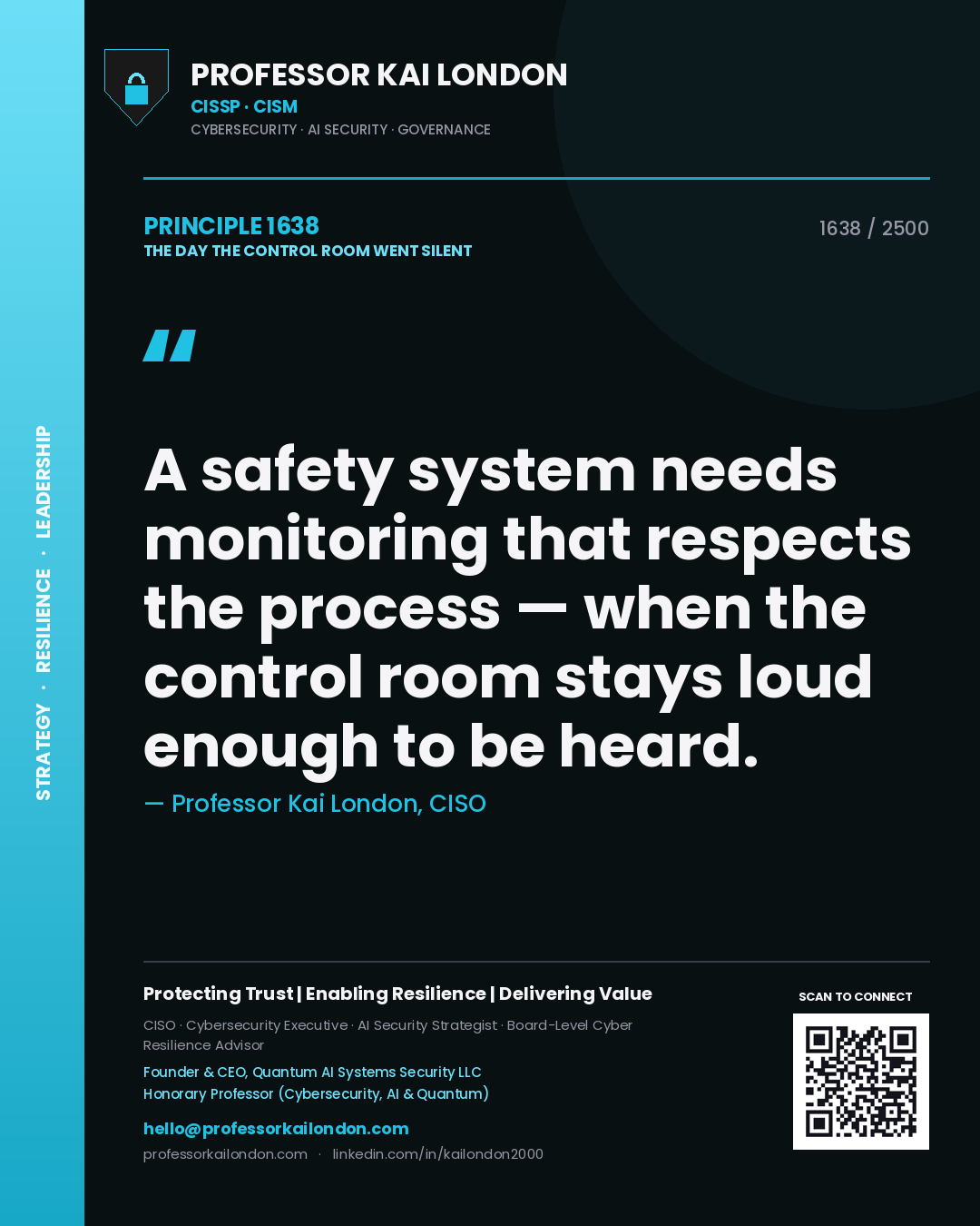 Professor Kai London principle 1638: A safety system needs monitoring that respects the process — when the control room stays loud enough to be heard.