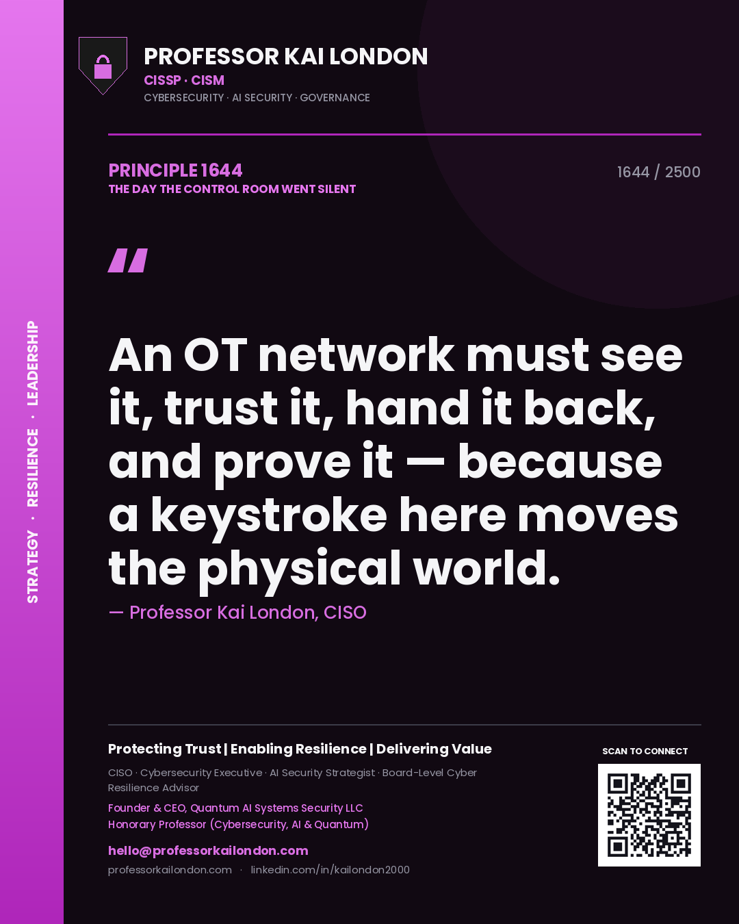 Professor Kai London principle 1644: An OT network must see it, trust it, hand it back, and prove it — because a keystroke here moves the physical world.