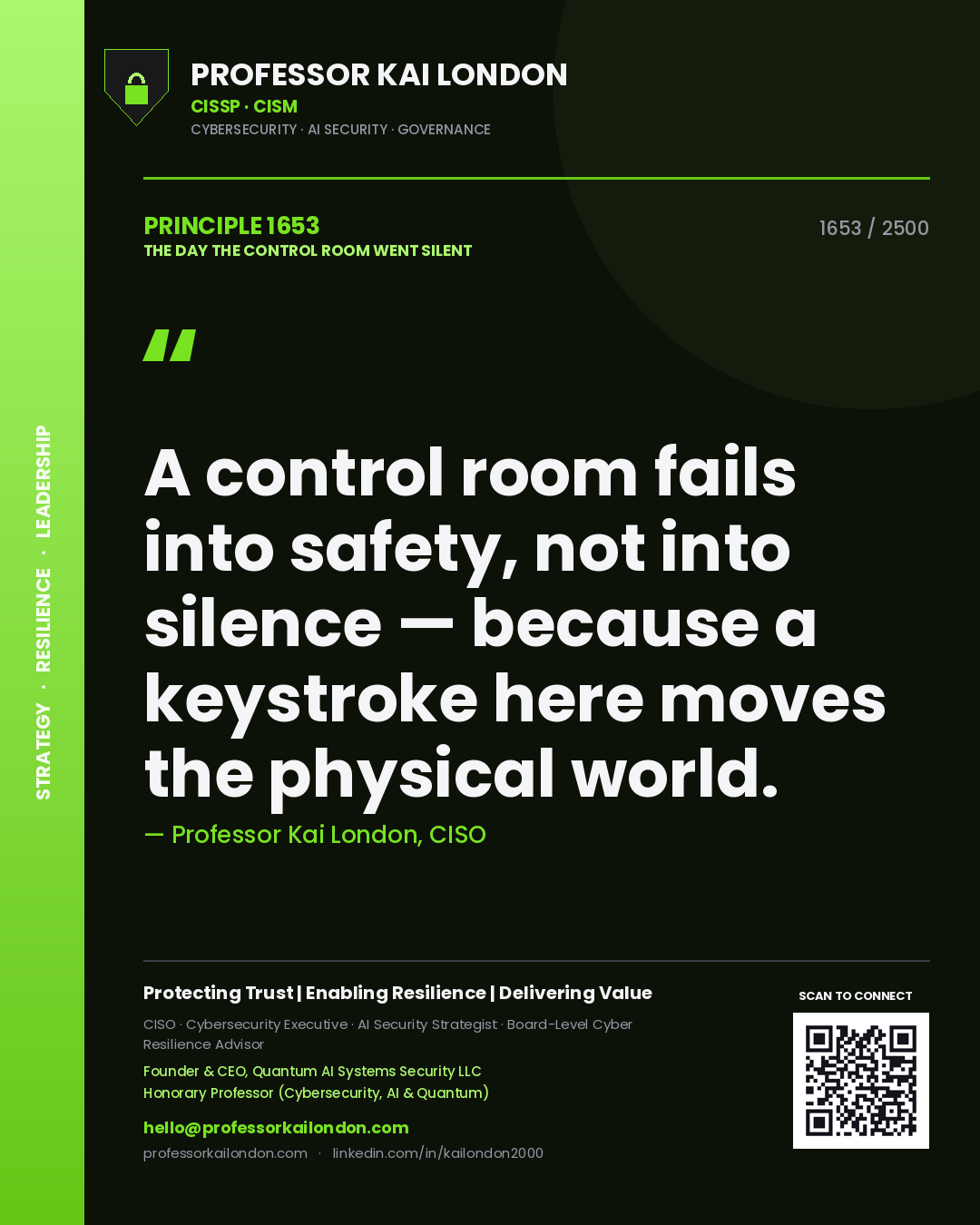 Professor Kai London principle 1653: A control room fails into safety, not into silence — because a keystroke here moves the physical world.