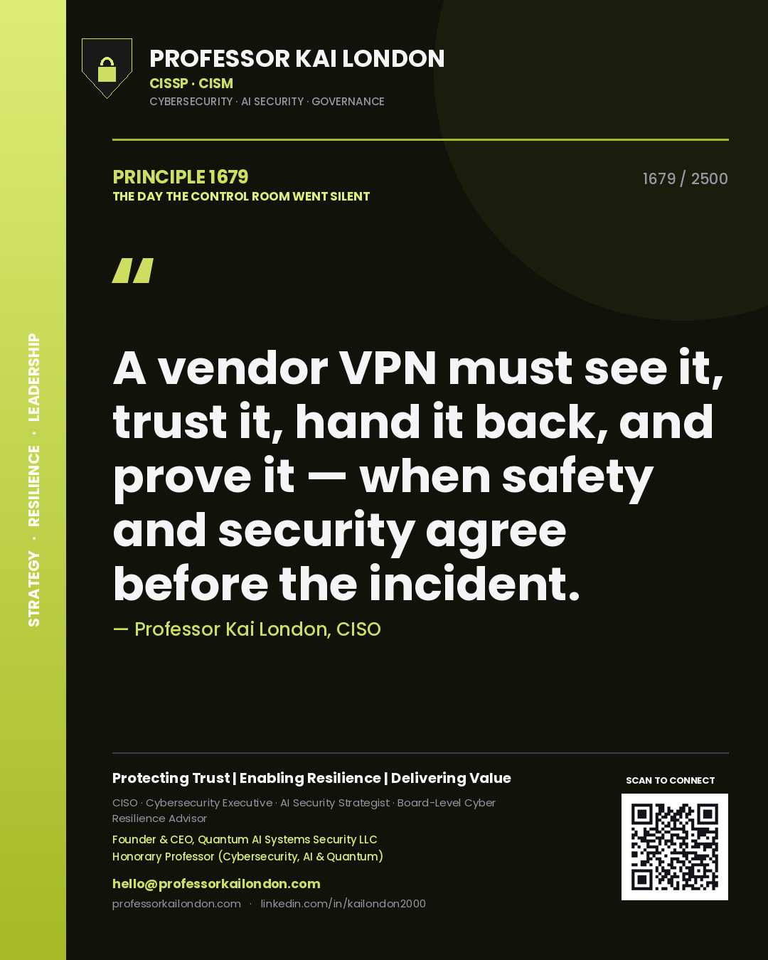 Professor Kai London principle 1679: A vendor VPN must see it, trust it, hand it back, and prove it — when safety and security agree before the incident.