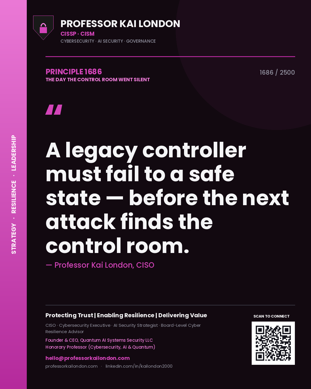 Professor Kai London principle 1686: A legacy controller must fail to a safe state — before the next attack finds the control room.