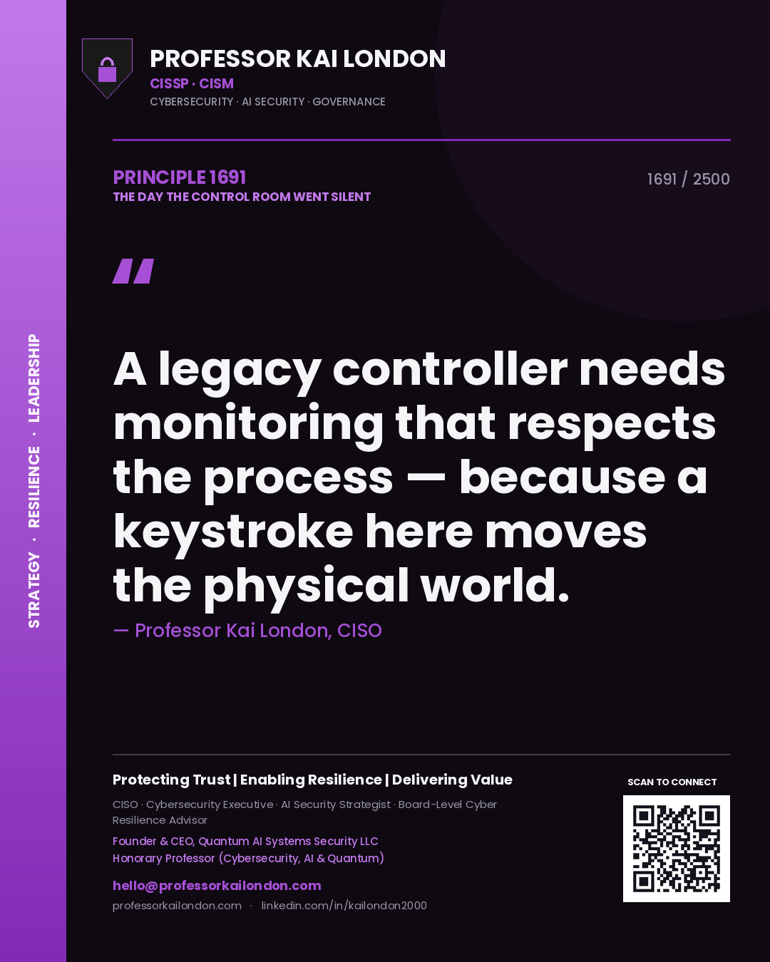 Professor Kai London principle 1691: A legacy controller needs monitoring that respects the process — because a keystroke here moves the physical world.