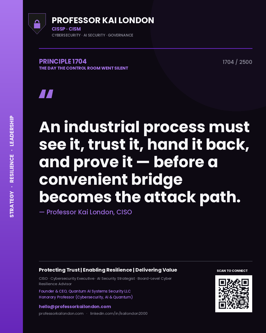 Professor Kai London principle 1704: An industrial process must see it, trust it, hand it back, and prove it — before a convenient bridge becomes the attack path.
