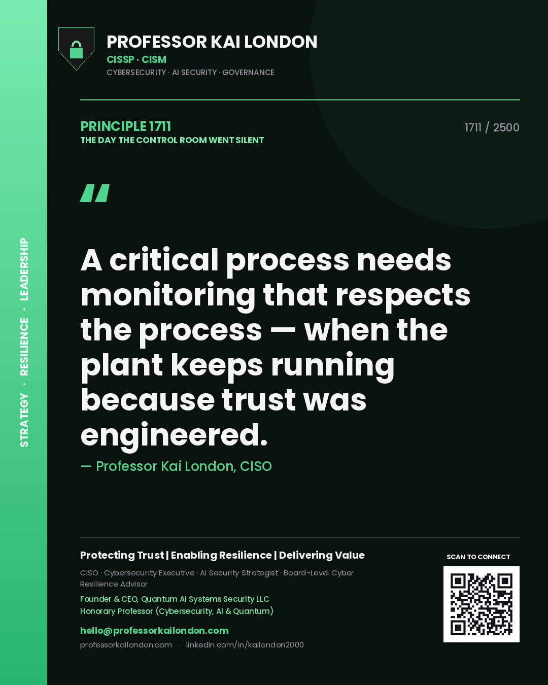 Professor Kai London principle 1711: A critical process needs monitoring that respects the process — when the plant keeps running because trust was engineered.