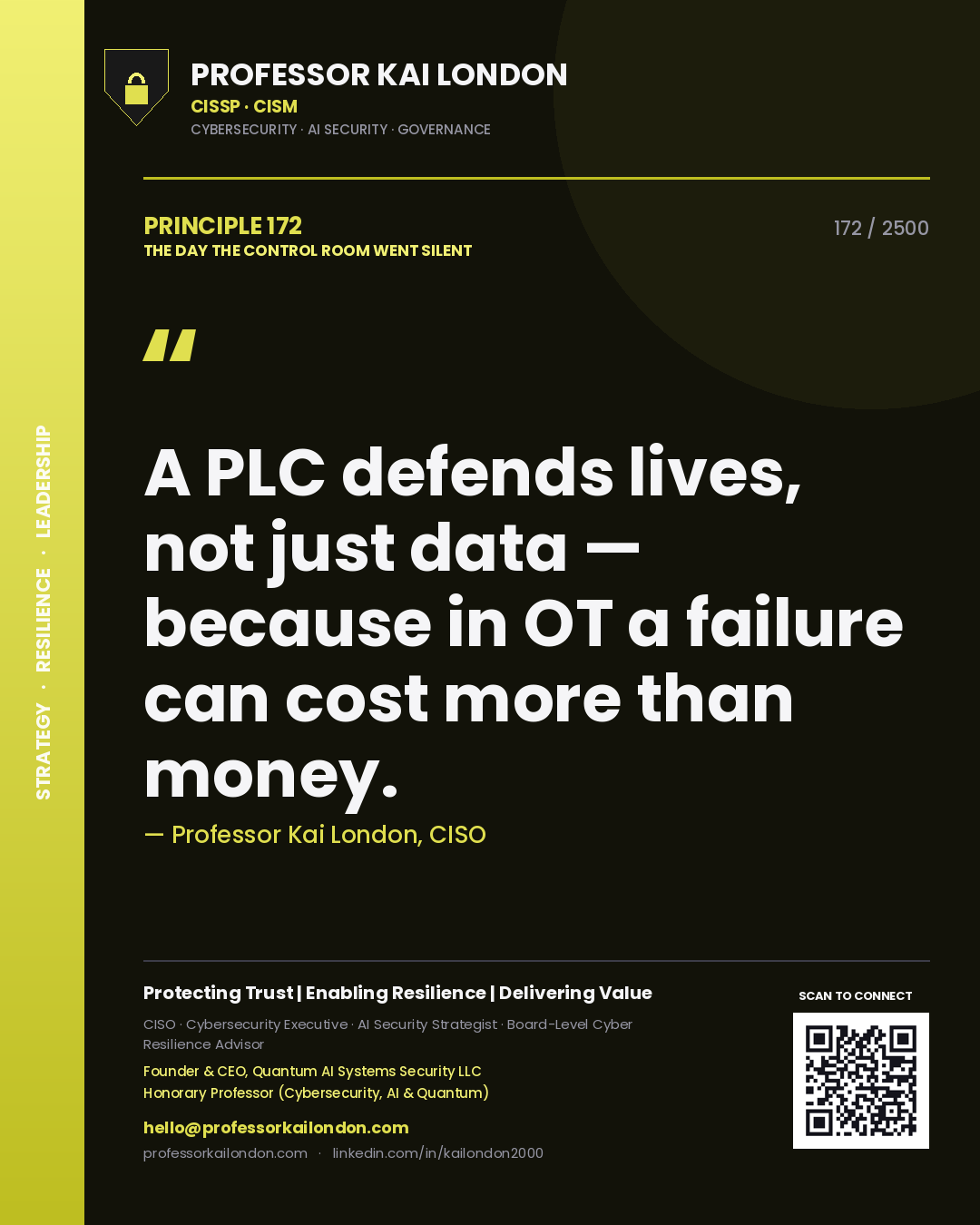 Professor Kai London principle 172: A PLC defends lives, not just data — because in OT a failure can cost more than money.