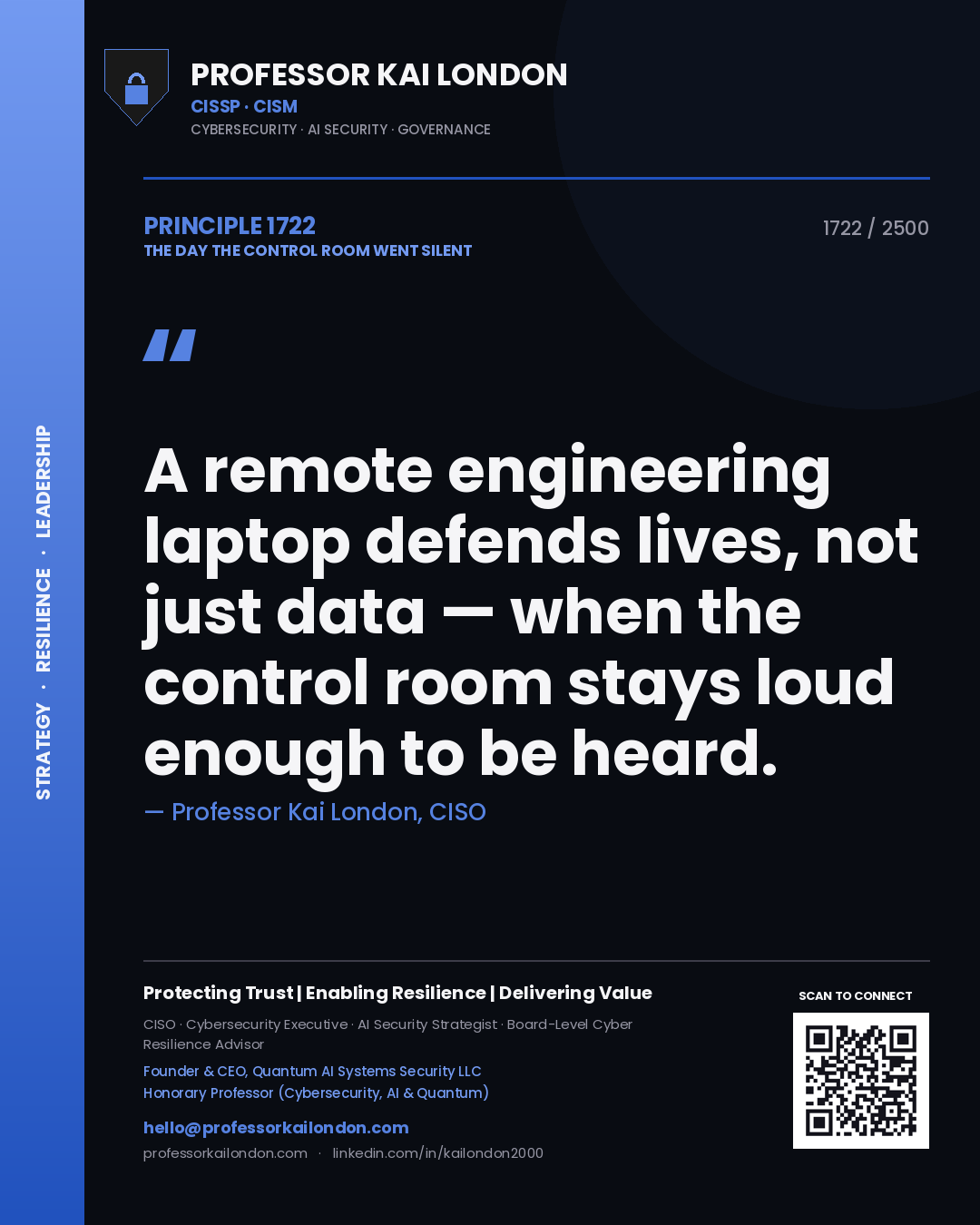 Professor Kai London principle 1722: A remote engineering laptop defends lives, not just data — when the control room stays loud enough to be heard.