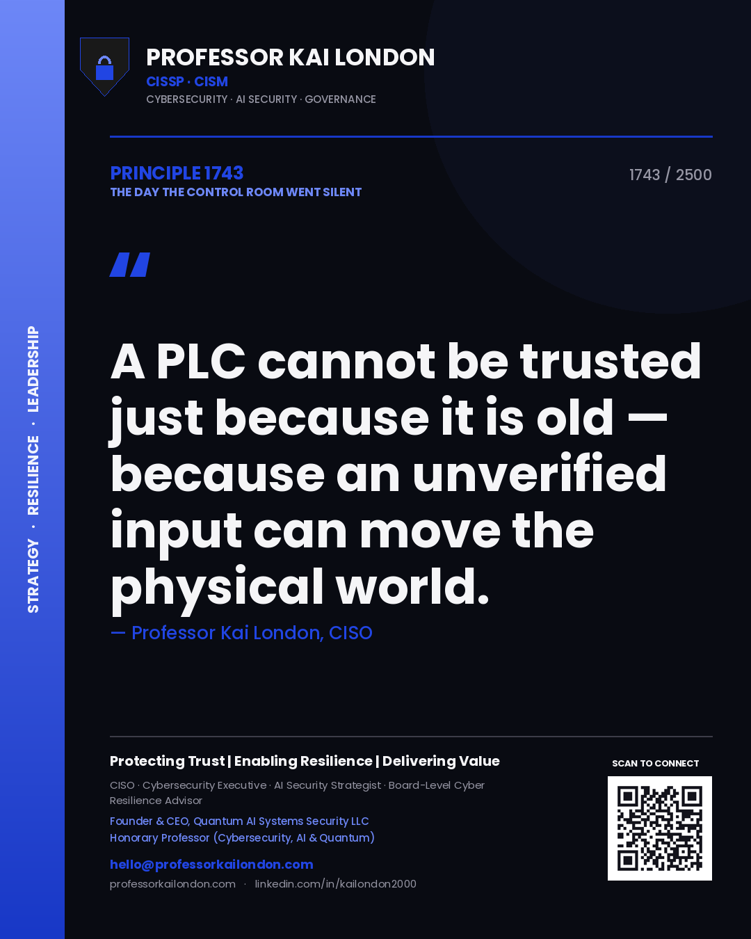 Professor Kai London principle 1743: A PLC cannot be trusted just because it is old — because an unverified input can move the physical world.