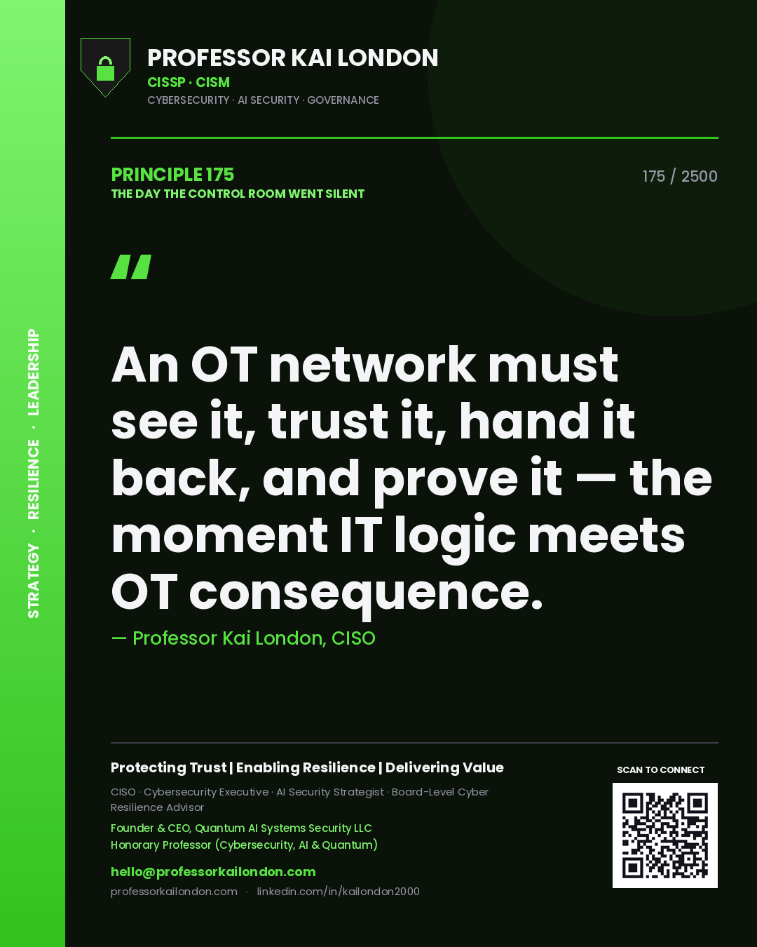 Professor Kai London principle 175: An OT network must see it, trust it, hand it back, and prove it — the moment IT logic meets OT consequence.