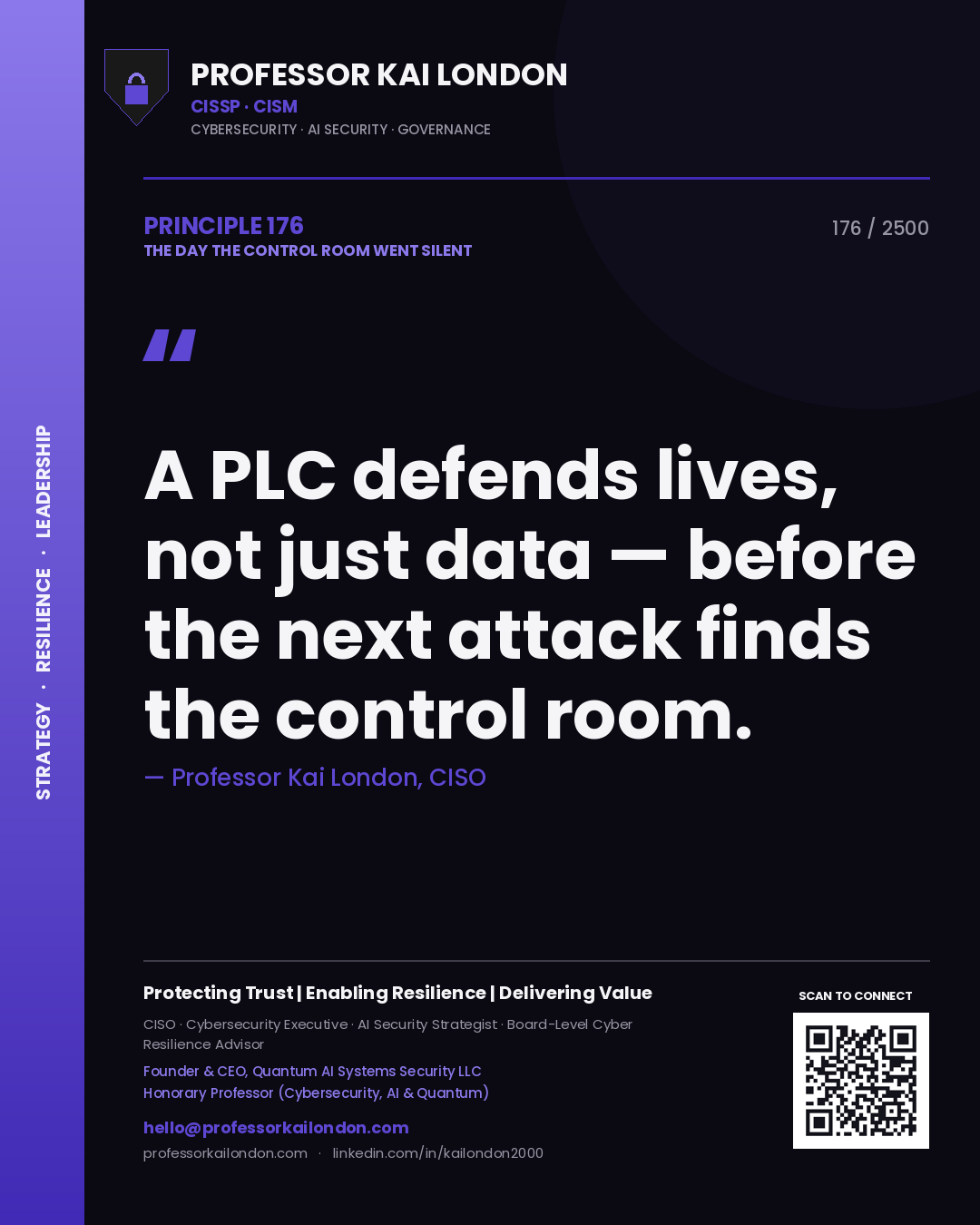 Professor Kai London principle 176: A PLC defends lives, not just data — before the next attack finds the control room.