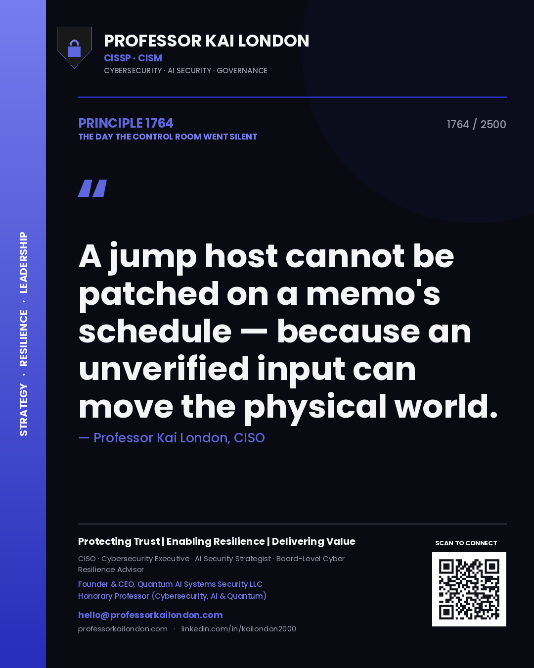 Professor Kai London principle 1764: A jump host cannot be patched on a memo's schedule — because an unverified input can move the physical world.