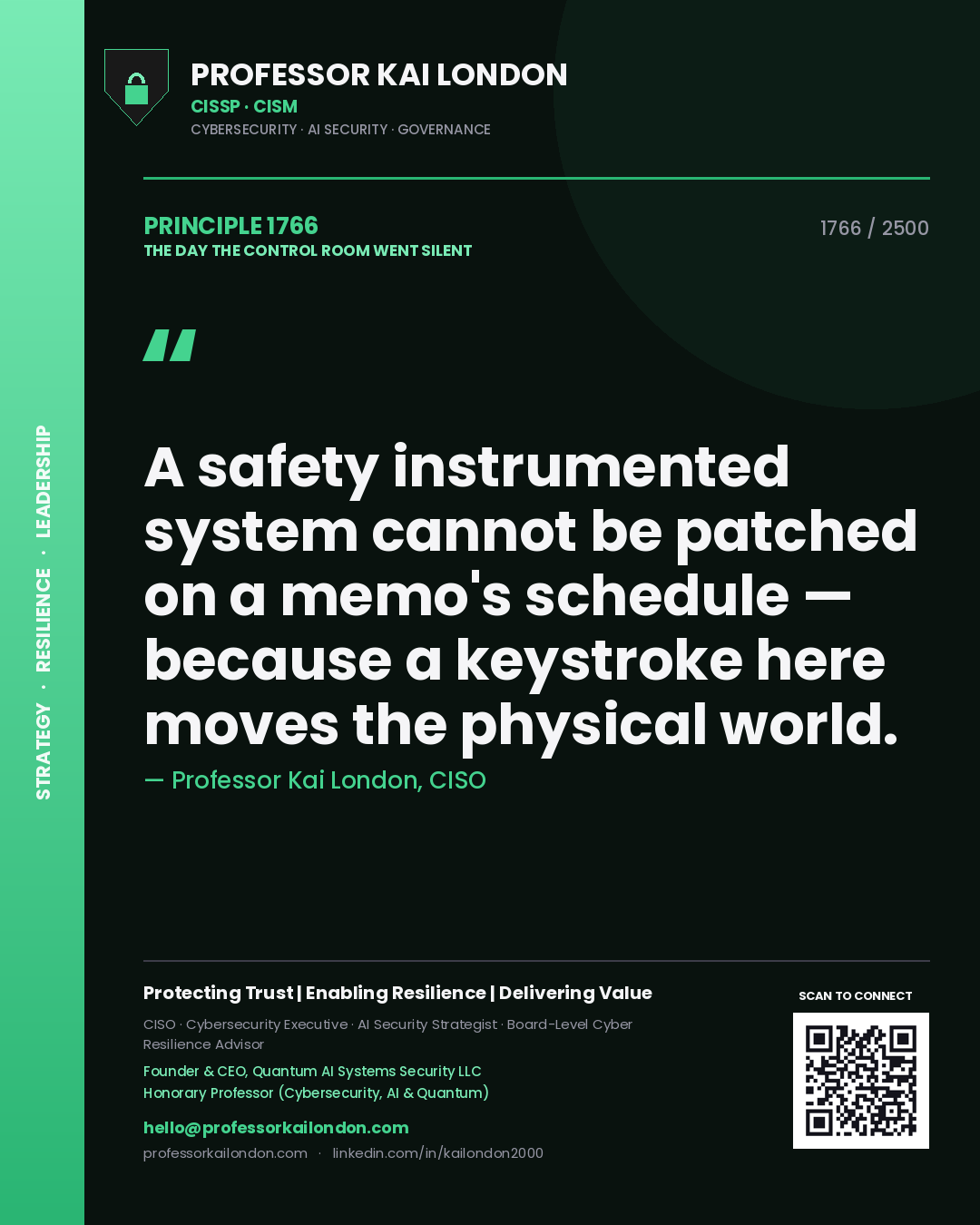 Professor Kai London principle 1766: A safety instrumented system cannot be patched on a memo's schedule — because a keystroke here moves the physical world.
