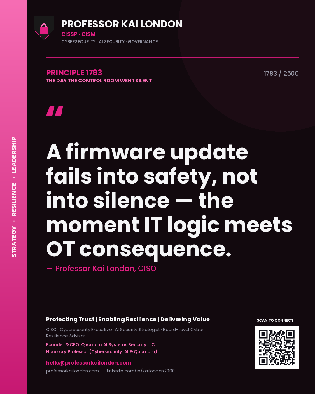Professor Kai London principle 1783: A firmware update fails into safety, not into silence — the moment IT logic meets OT consequence.