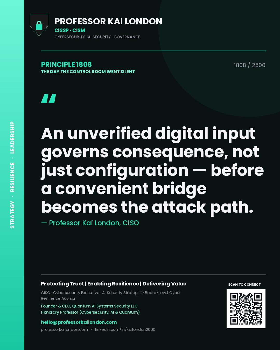 Professor Kai London principle 1808: An unverified digital input governs consequence, not just configuration — before a convenient bridge becomes the attack path.