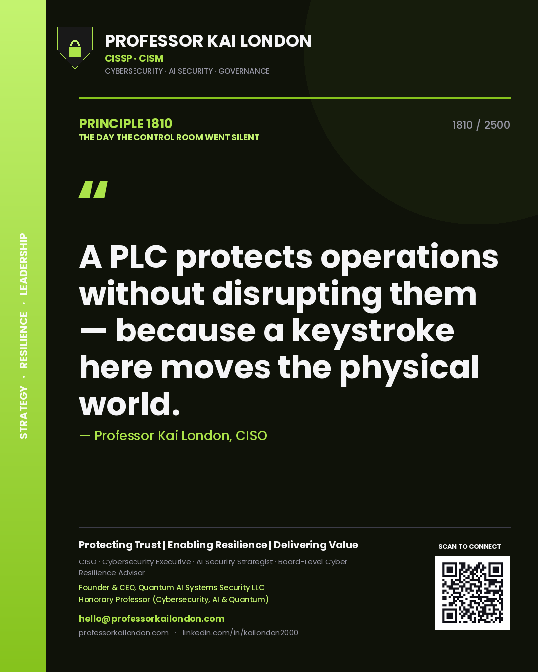 Professor Kai London principle 1810: A PLC protects operations without disrupting them — because a keystroke here moves the physical world.