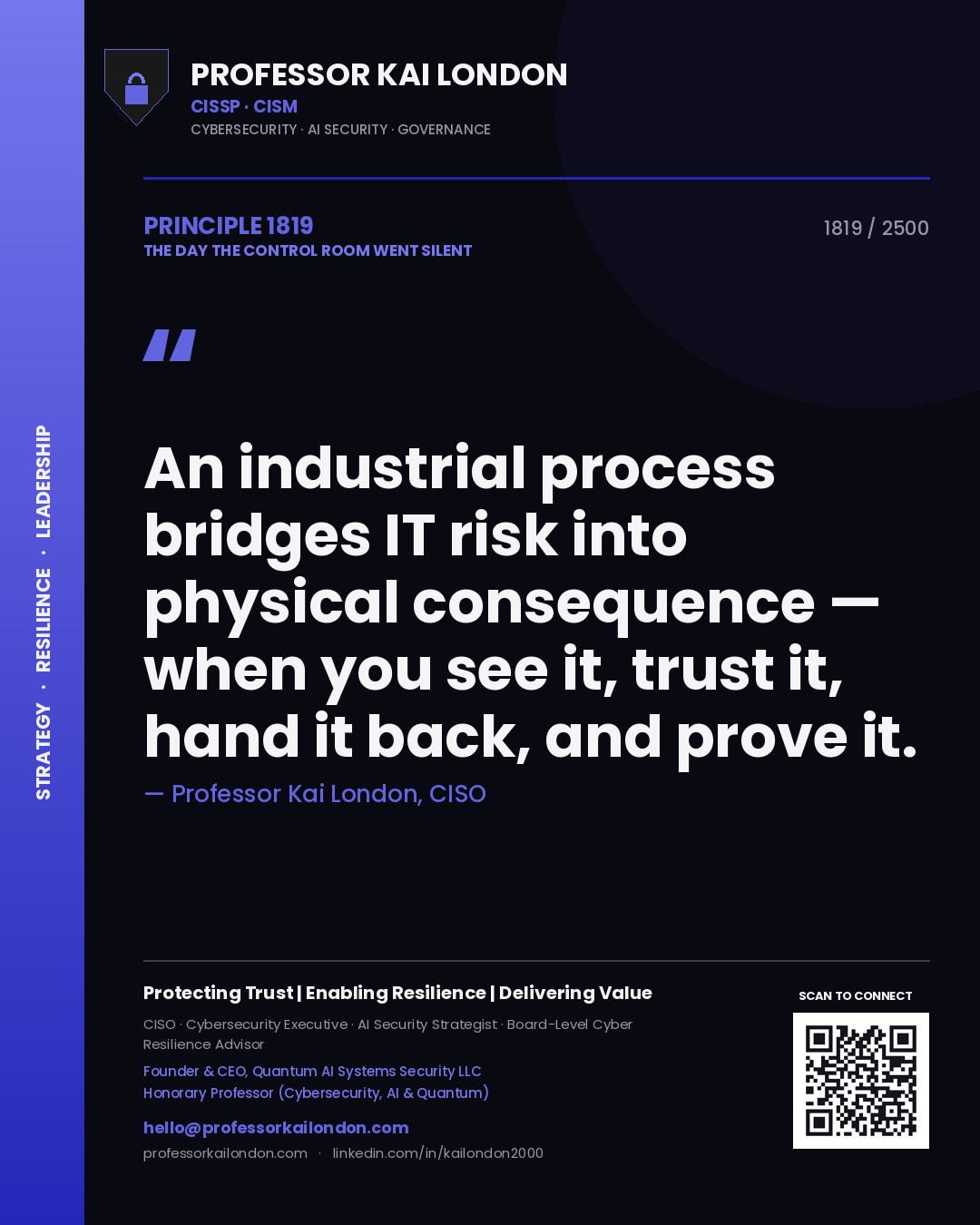 Professor Kai London principle 1819: An industrial process bridges IT risk into physical consequence — when you see it, trust it, hand it back, and prove it.