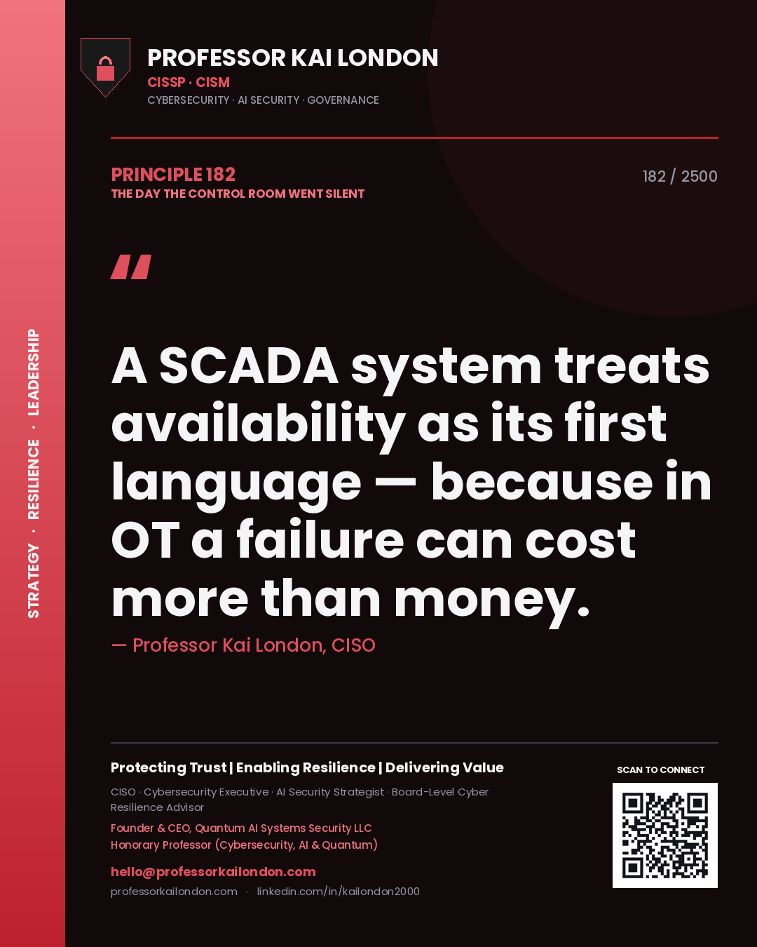 Professor Kai London principle 182: A SCADA system treats availability as its first language — because in OT a failure can cost more than money.