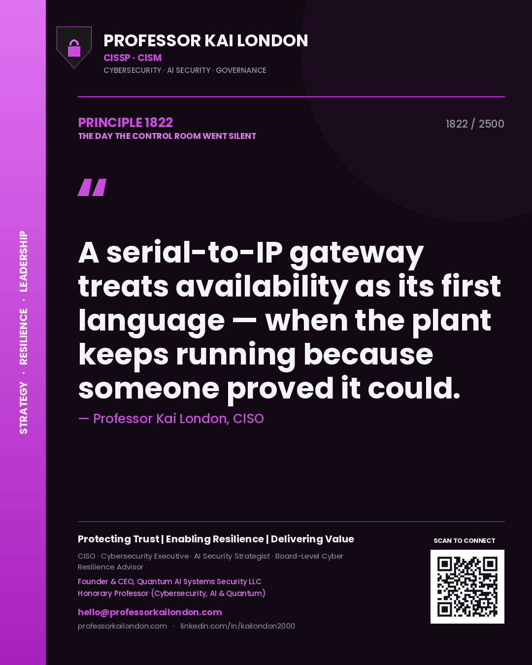 Professor Kai London principle 1822: A serial-to-IP gateway treats availability as its first language — when the plant keeps running because someone proved it could.