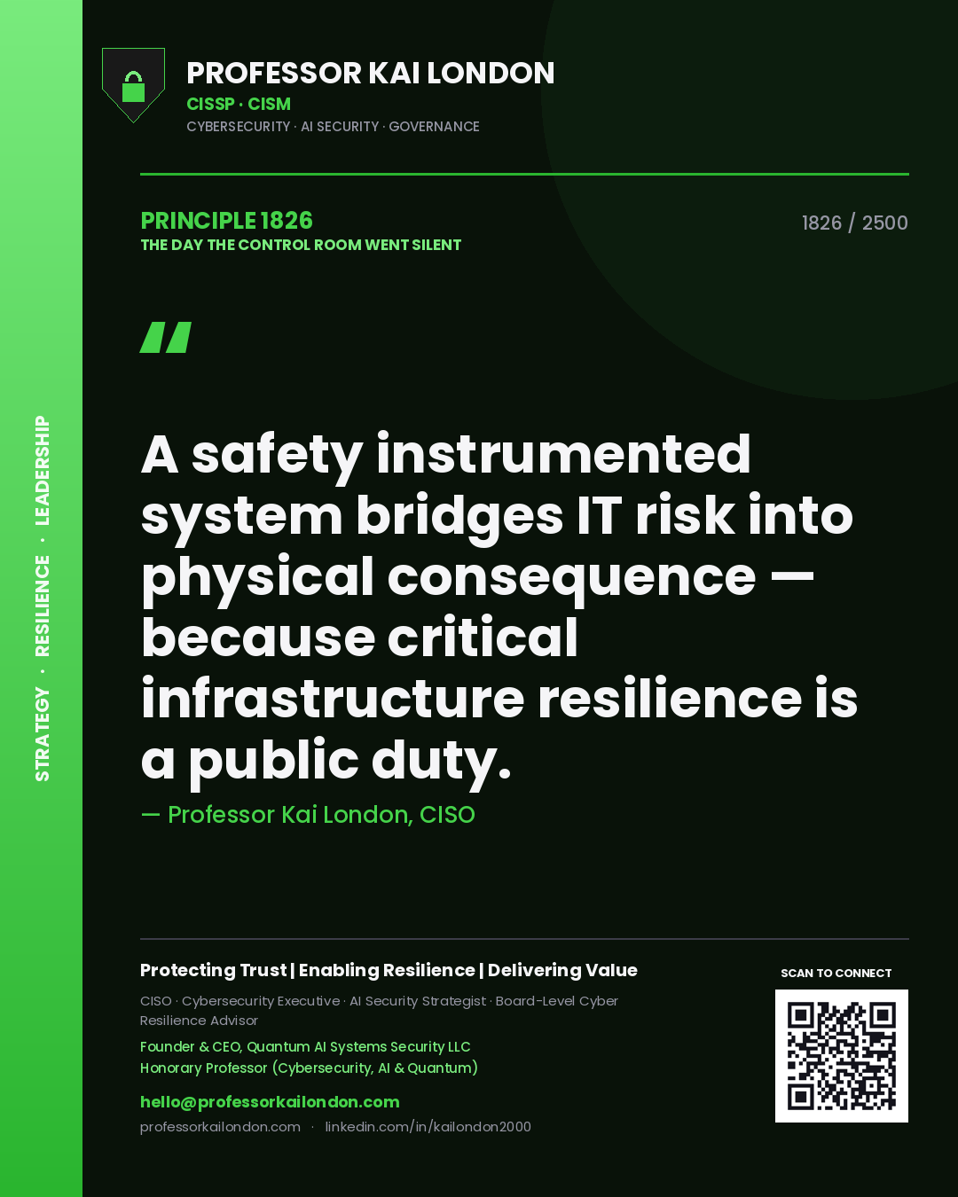 Professor Kai London principle 1826: A safety instrumented system bridges IT risk into physical consequence — because critical infrastructure resilience is a public duty.
