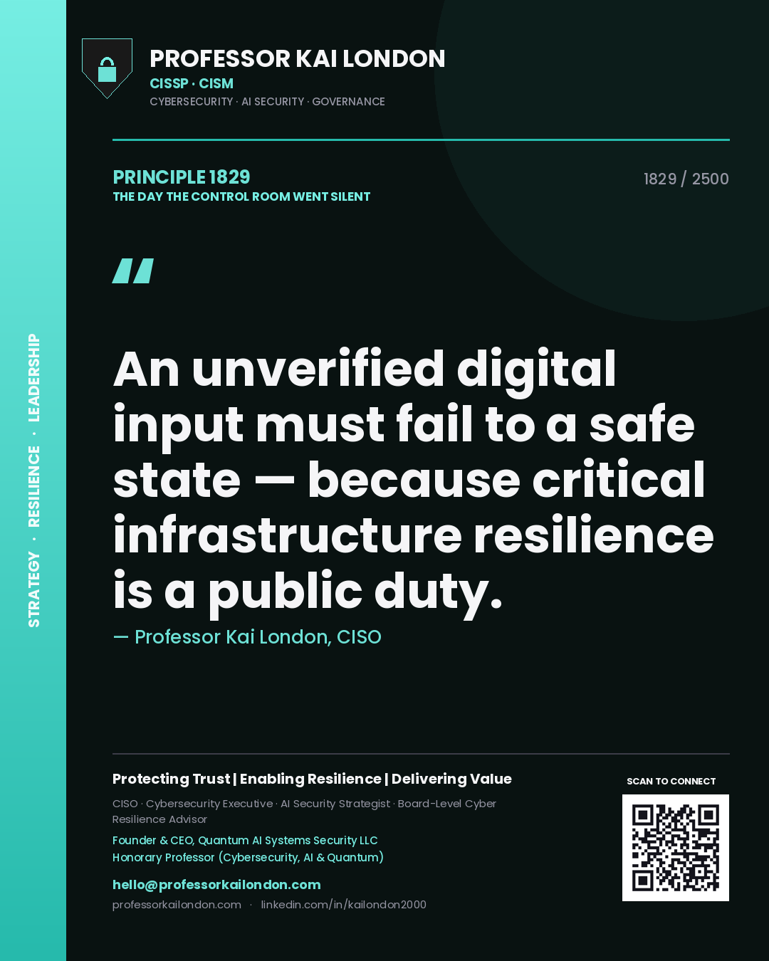 Professor Kai London principle 1829: An unverified digital input must fail to a safe state — because critical infrastructure resilience is a public duty.