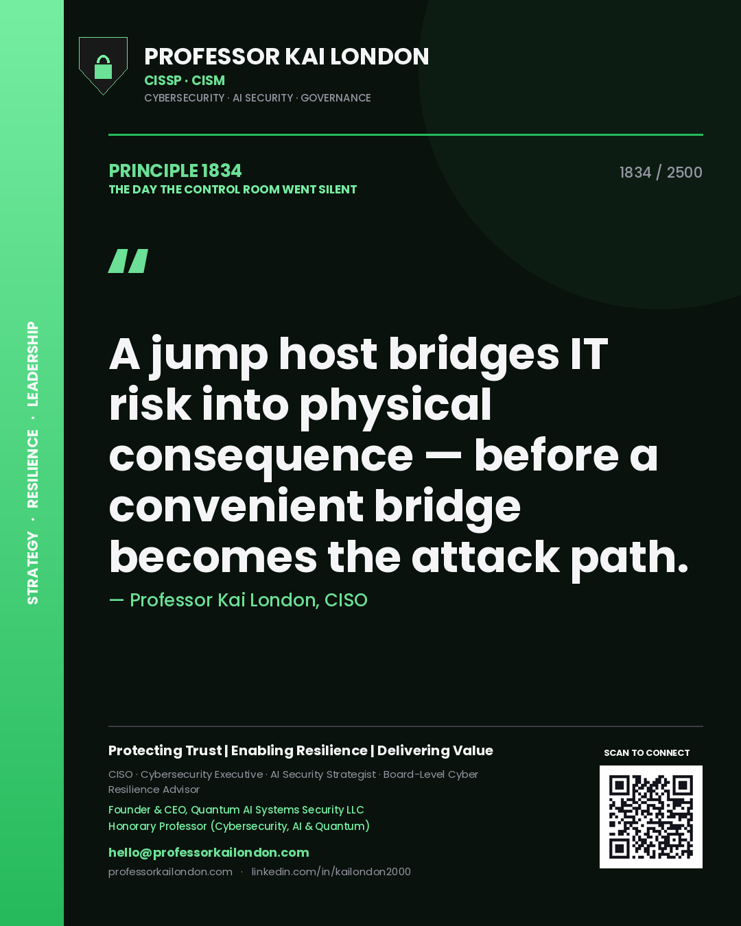 Professor Kai London principle 1834: A jump host bridges IT risk into physical consequence — before a convenient bridge becomes the attack path.