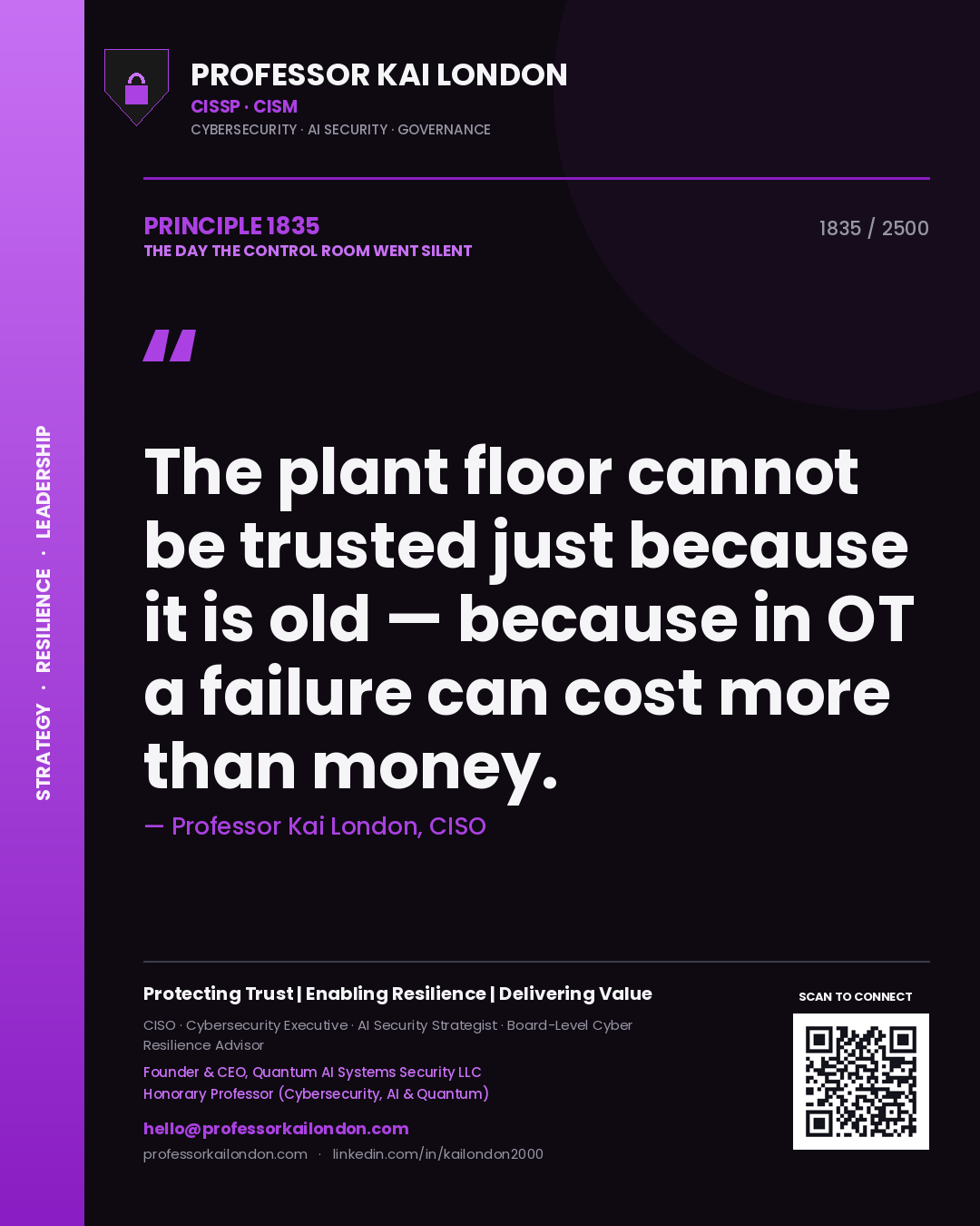Professor Kai London principle 1835: The plant floor cannot be trusted just because it is old — because in OT a failure can cost more than money.
