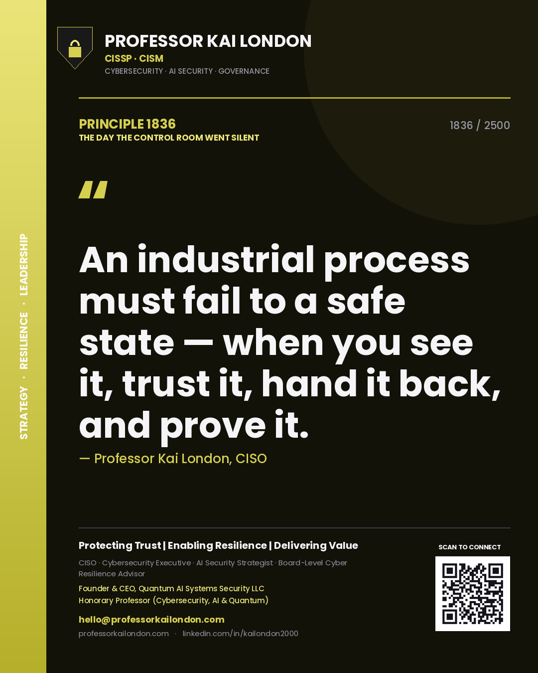 Professor Kai London principle 1836: An industrial process must fail to a safe state — when you see it, trust it, hand it back, and prove it.