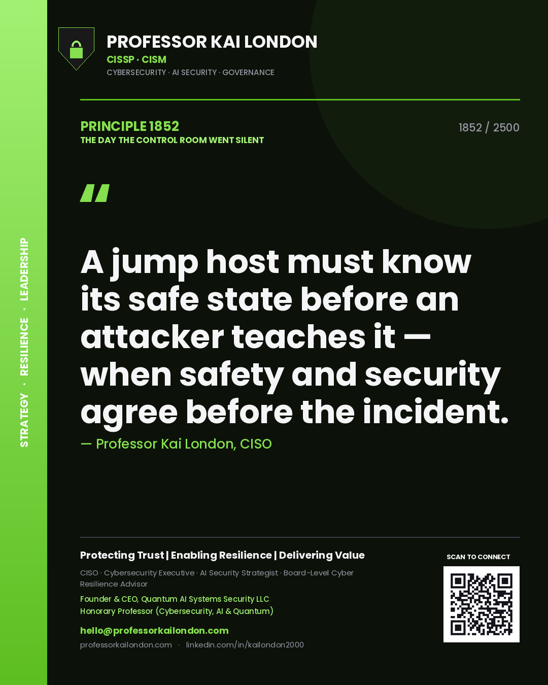 Professor Kai London principle 1852: A jump host must know its safe state before an attacker teaches it — when safety and security agree before the incident.